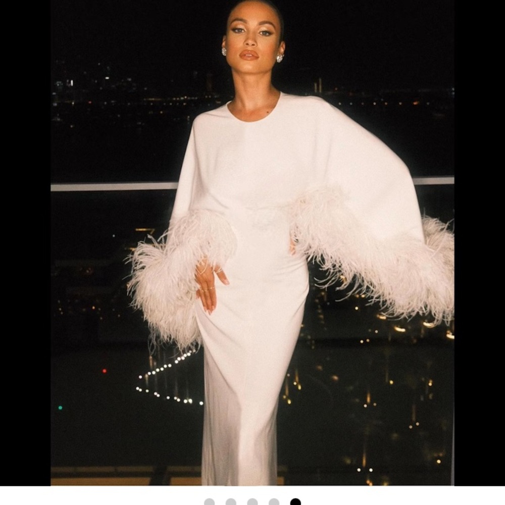 Elegant White Long Sleeve Dress with Feather Details